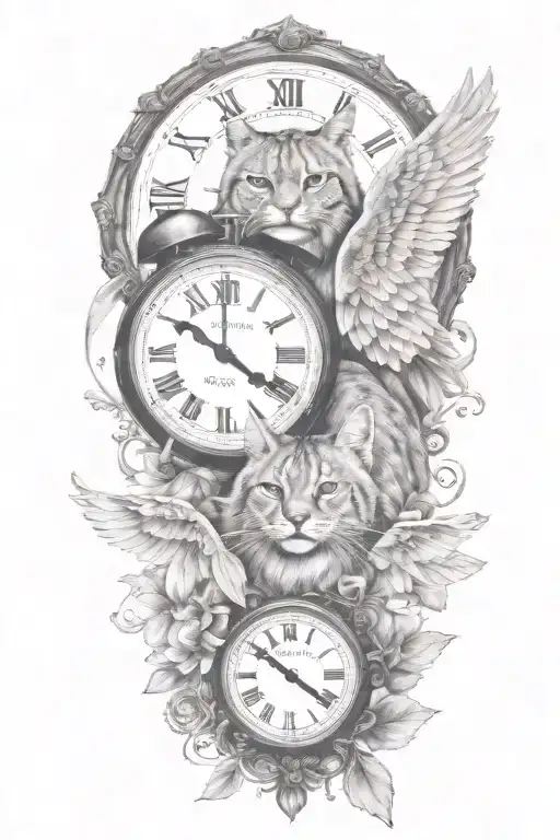 2 clocks with dates angel wings spread bobcat face tattoo tattoo design idea
