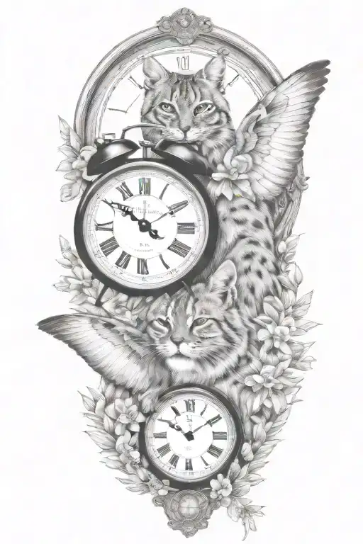 2 clocks with dates wings spread bobcat face tattoo tattoo design idea