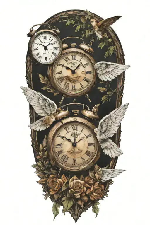 2 clocks with date flag angel wing  spread bobcat forest frame  tattoo design idea