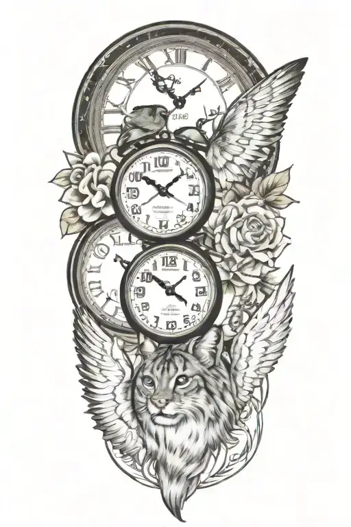 2 clocks with dates wings spread bobcat face tattoo tattoo design idea