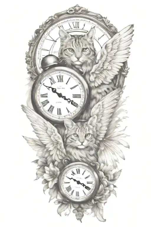 2 clocks with dates angel wings spread bobcat face tattoo tattoo design idea