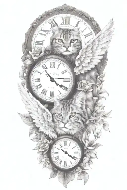 2 clocks with dates angel wings spread bobcat face tattoo tattoo design idea