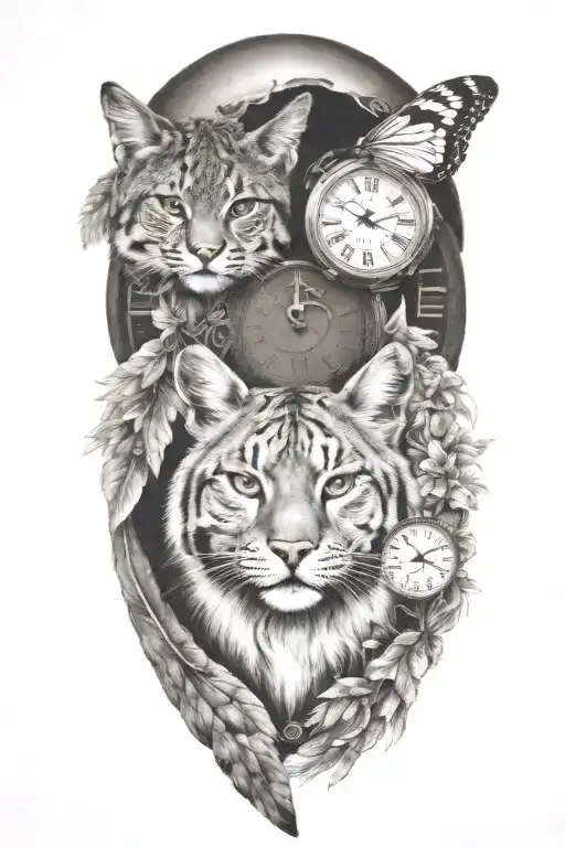 2 clocks with dates wings spread bobcat face inside tattoo design idea