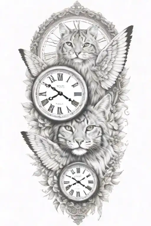 2 clocks angel wings spread bobcat face tattoo design tattoo design idea