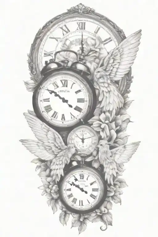 2 clocks with dates angel wings spread bobcat face tattoo tattoo design idea
