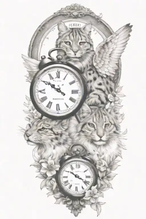 2 clocks with dates wings spread bobcat face tattoo tattoo design idea