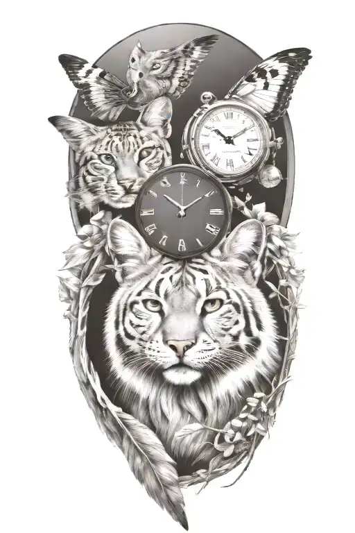 2 clocks with dates wings spread bobcat face inside tattoo design idea
