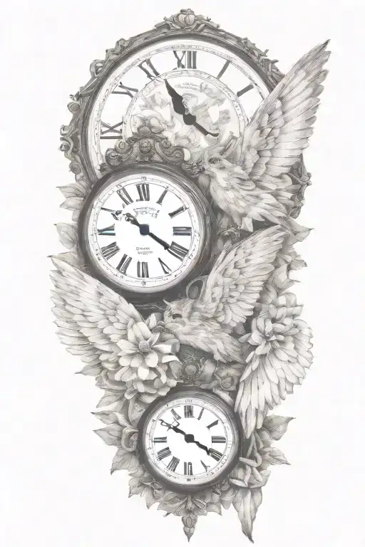 2 clocks with dates angel wings spread bobcat face tattoo tattoo design idea