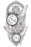 2 clocks with dates wings spread bobcat face tattoo tattoo design idea