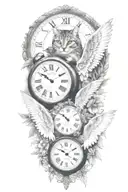 2 clocks with dates angel wings spread bobcat face tattoo tattoo design idea