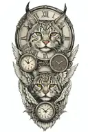 2 clocks with dates wings spread bobcat face one eye tattoo design idea