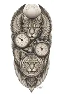 2 clocks with dates wings spread bobcat face one eye tattoo design idea