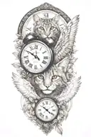 2 clocks with dates angel  wings spread bobcat face tattoo tattoo design idea