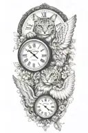 2 clocks with dates angel  wings spread bobcat face tattoo tattoo design idea
