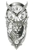 2 clocks with dates wings spread bobcat face tattoo design idea