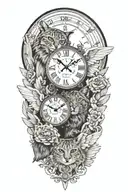 2 clocks with dates wings spread bobcat face tattoo design idea