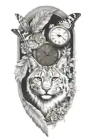 2 clocks with dates wings spread bobcat face inside tattoo design idea