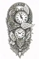 2 clocks with dates angel wing  spread bobcat forest frame  tattoo design idea