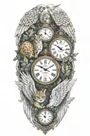 2 clocks with dates angel wing  spread bobcat forest frame  tattoo design idea
