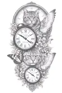 2 clocks with dates wings spread bobcat face tattoo tattoo design idea