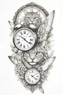 2 clocks with dates wings spread bobcat face tattoo tattoo design idea