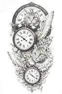 2 clocks with dates angel wings spread bobcat face tattoo tattoo design idea