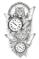 2 clocks with dates wings spread bobcat face tattoo tattoo design idea