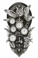 2 clocks with dates wings spread bobcat face incorporated tattoo design idea