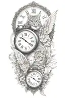 2 clocks with dates angel wings spread bobcat face tattoo tattoo design idea