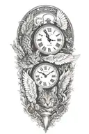 2 clocks with dates angel wing  spread bobcat forest frame  tattoo design idea