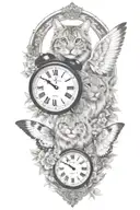 2 clocks with dates wings spread bobcat face tattoo tattoo design idea