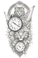 2 clocks with dates wings spread bobcat face tattoo tattoo design idea