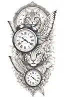 2 clocks angel wings spread bobcat face tattoo design tattoo design idea