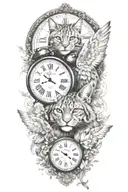 2 clocks angel wings spread bobcat face tattoo design tattoo design idea