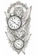 2 clocks angel wings spread bobcat face tattoo design tattoo design idea