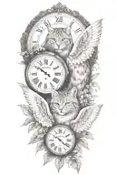 2 clocks with dates angel wings spread bobcat face tattoo tattoo design idea