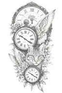 2 clocks with dates angel wings spread bobcat face tattoo tattoo design idea