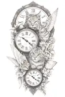 2 clocks with dates angel wings spread bobcat face tattoo tattoo design idea