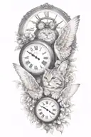 2 clocks with dates angel wings spread bobcat face tattoo tattoo design idea