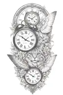 2 clocks with dates wings spread bobcat face tattoo tattoo design idea