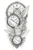2 clocks with dates angel wings spread bobcat face tattoo tattoo design idea