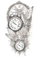 2 clocks with dates angel wings spread bobcat face tattoo tattoo design idea