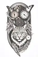 2 clocks with dates wings spread bobcat face inside tattoo design idea