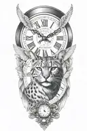 2 clocks with dates wings spread bobcat face tattoo design idea