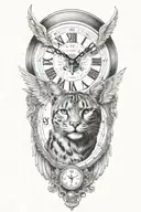 2 clocks with dates wings spread bobcat face tattoo design idea