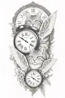 2 clocks with dates angel wings spread bobcat face tattoo tattoo design idea