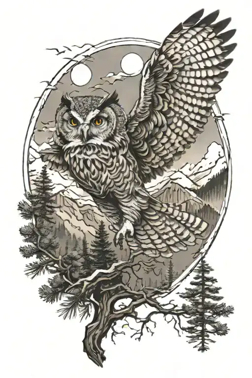 realistic owl attacking with talons outstretched  in flight with mountain and pine tree background  tattoo design idea