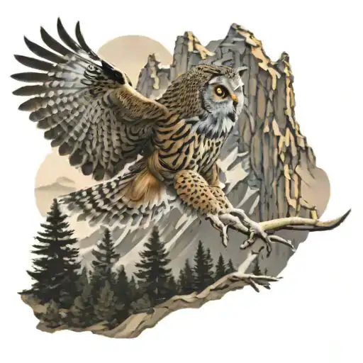 realistic owl attacking with talons outstretched  in flight with mountain and pine tree background  tattoo design idea