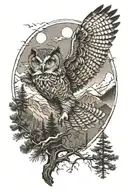 realistic owl attacking with talons outstretched  in flight with mountain and pine tree background  tattoo design idea