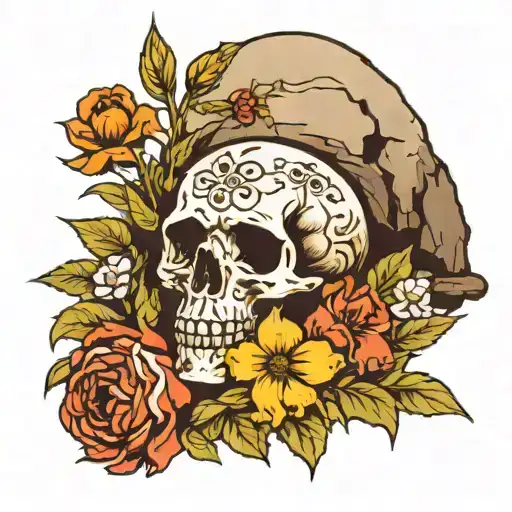 skull in flowers growing with and empty tomb in the background  tattoo design idea